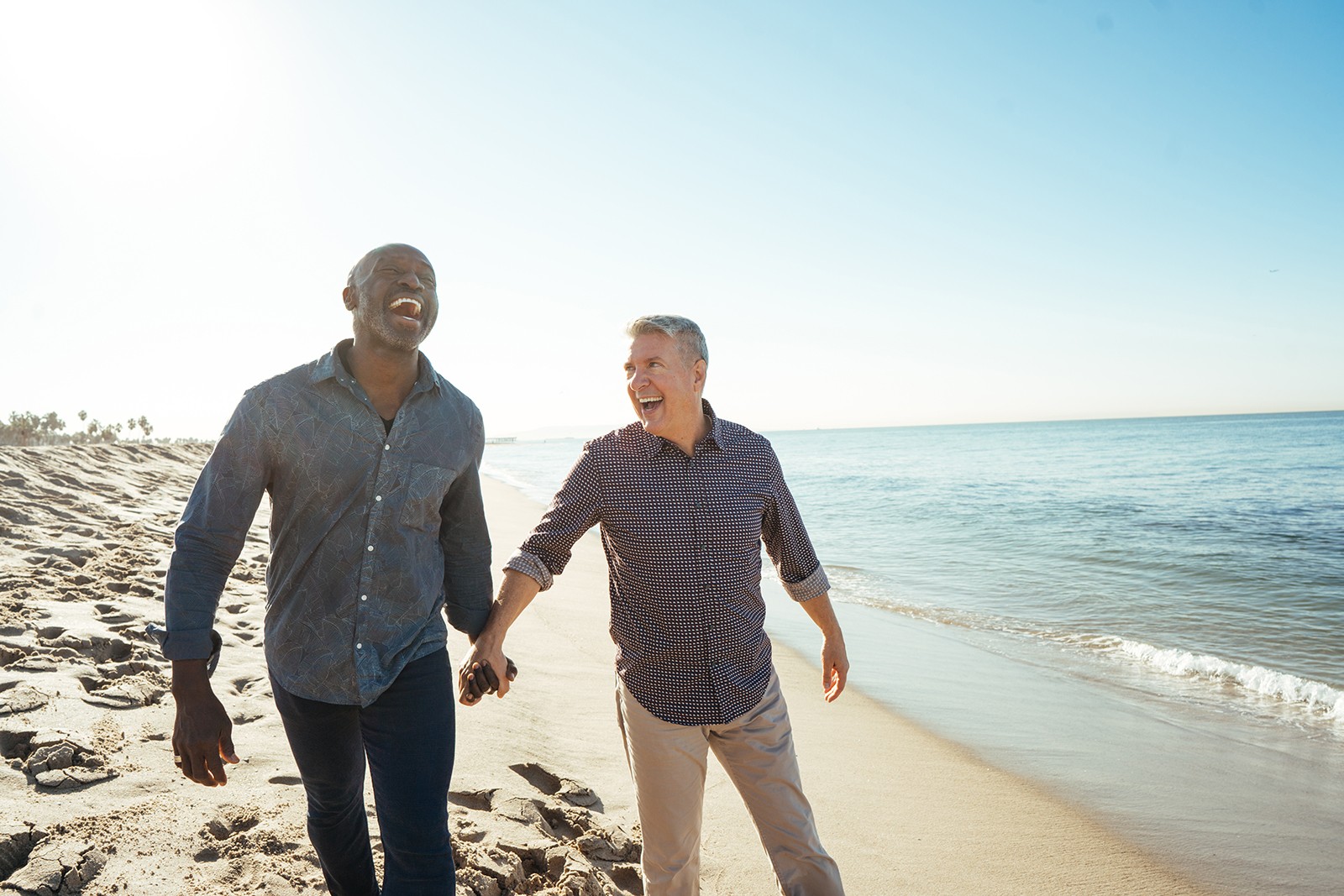 What is an IOP program at Cliffside Malibu? Two men walking on the beach by the water holding hands.